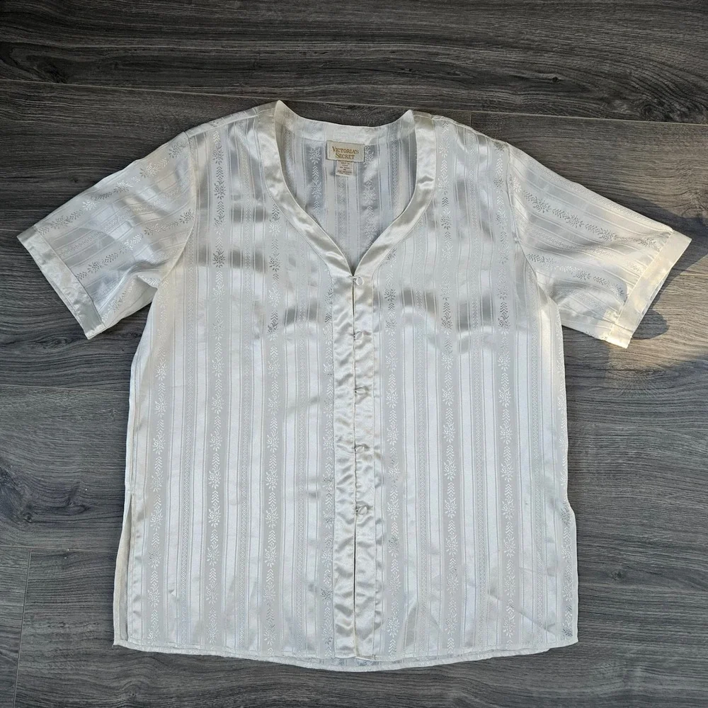 Vintage Victorias Secret Gold Label Pajama 2 Pc Set Ivory Satin Floral Stripe M - Picture 3 of 14